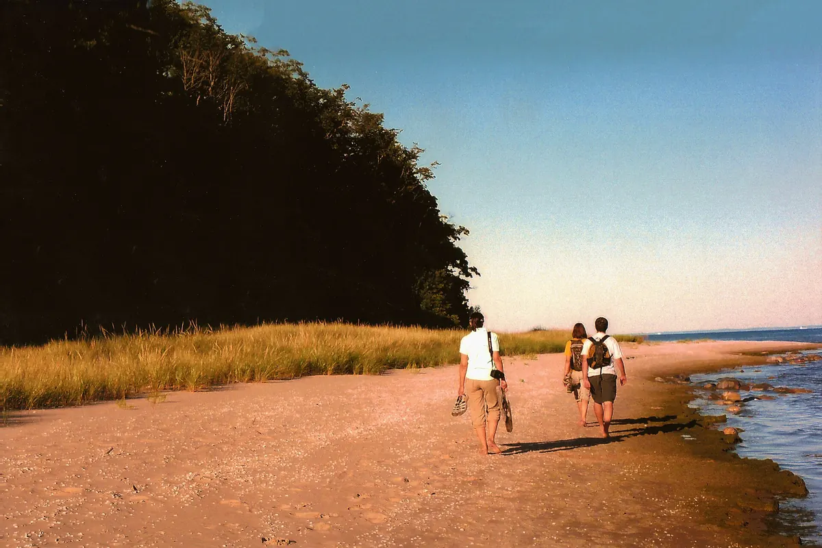 Friends walking along a sandy beach as part of a daily walking habit
