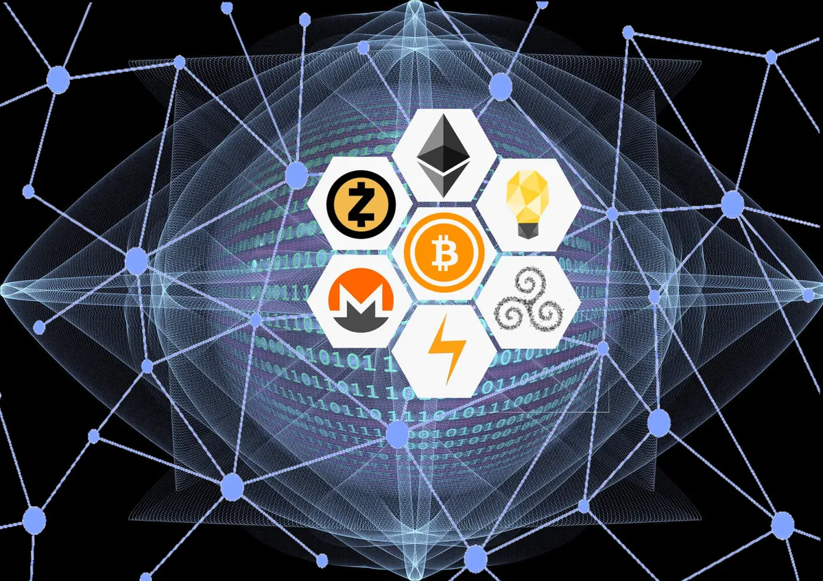 Blockchain network of connected nodes with cryptocurrency icons at the centre