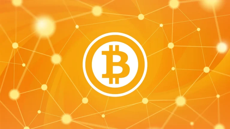 What is blockchain: Bitcoin symbol connected to a glowing network of nodes